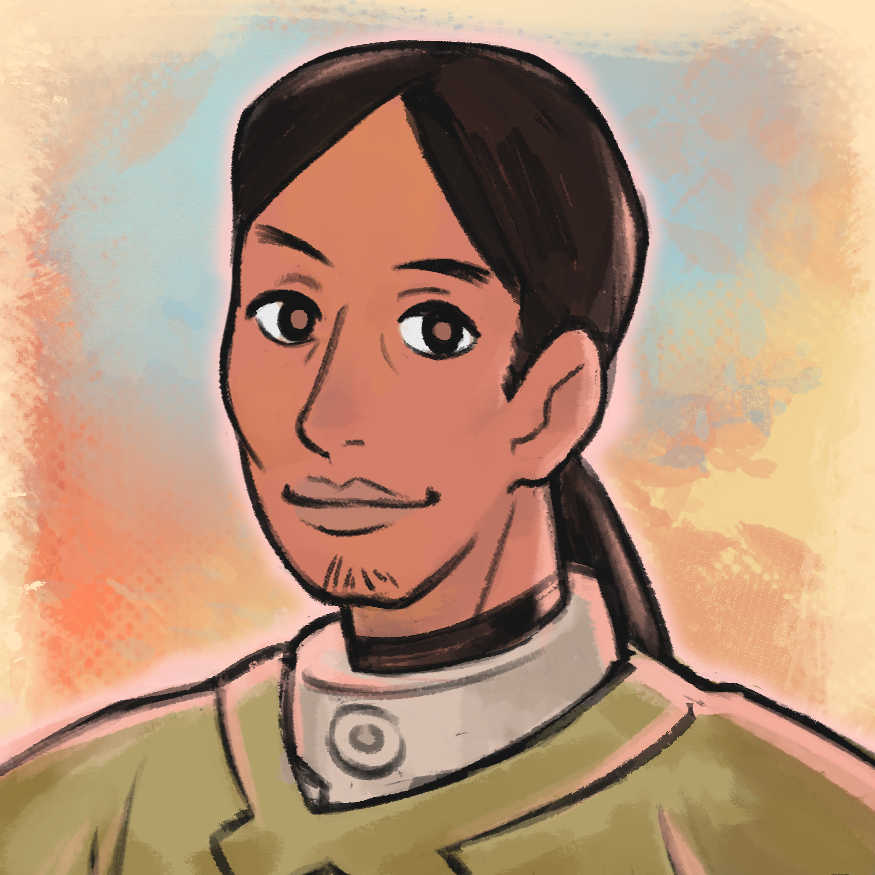Portrait of Emeric, a man with long dark hair tied back and a friendly look