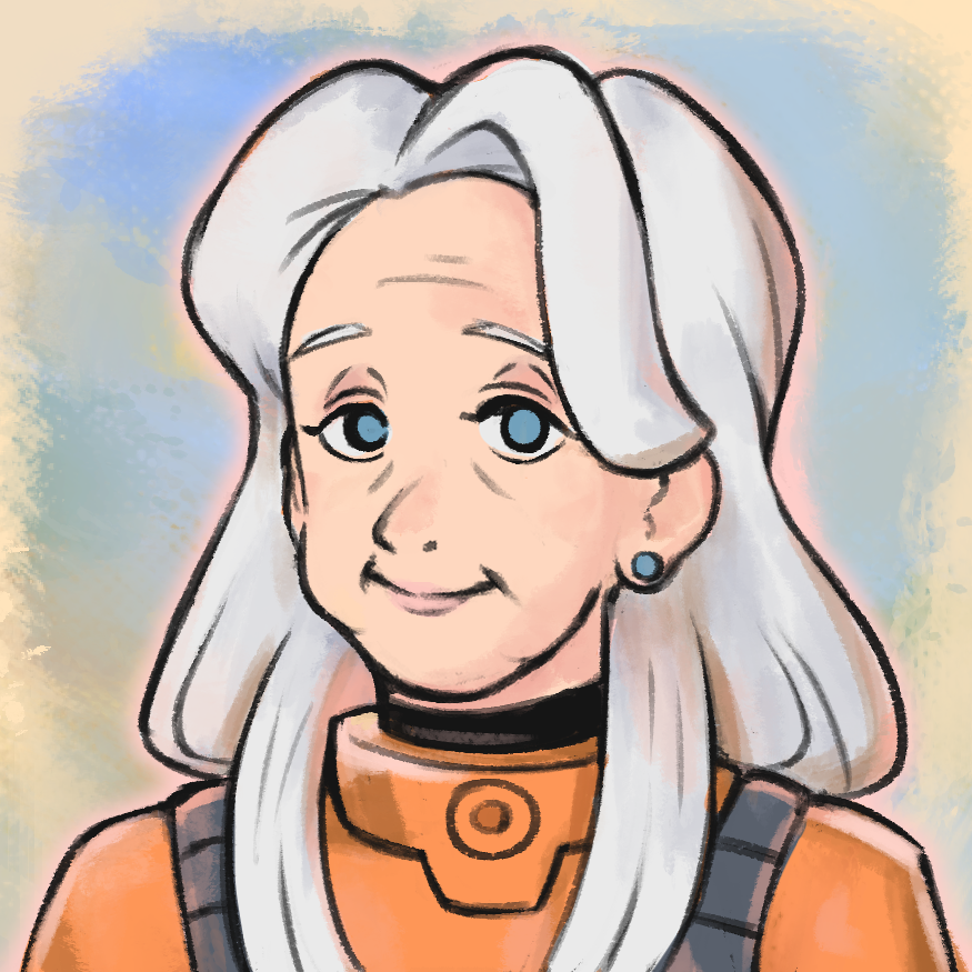 Portrait of Joan, an elderly woman with long white hair and a warm smile