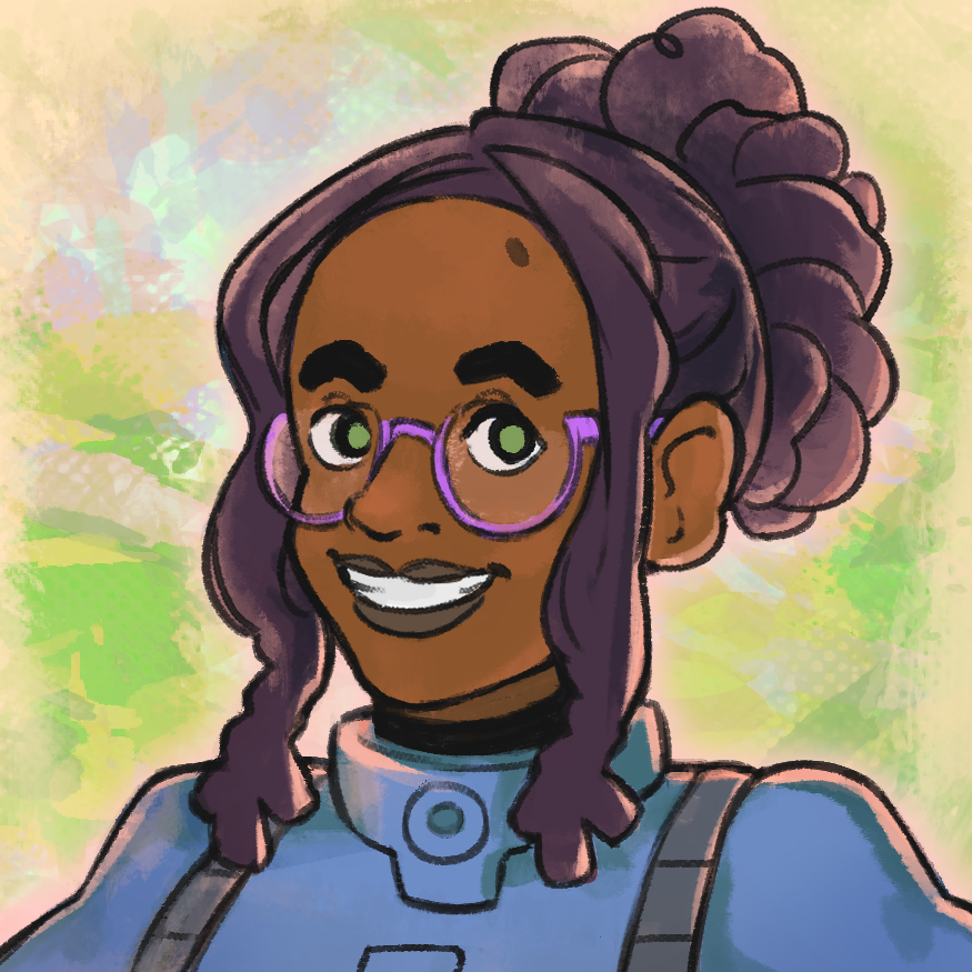 Portrait of Kassia, a smiling woman with purple glasses and braided hair